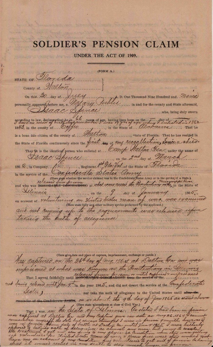 Isaac Spence Civil War pension application